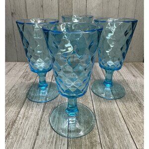 Vtg EAPG Bryce Brothers Style Water Goblet Diamond Quilted Aqua Blue 4" Set 4